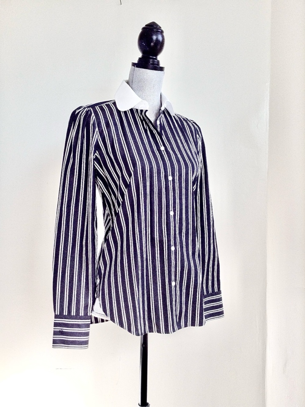 Vintage Ralph Lauren Pinstripe Puff Sleeve Shirt Contrast Collar Office Siren S